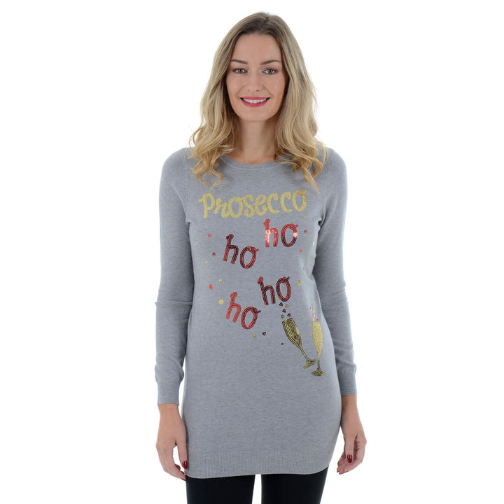 Womens Novelty Sequin Prosecco HO HO HO Tunic Christmas Jumper Grey / 8