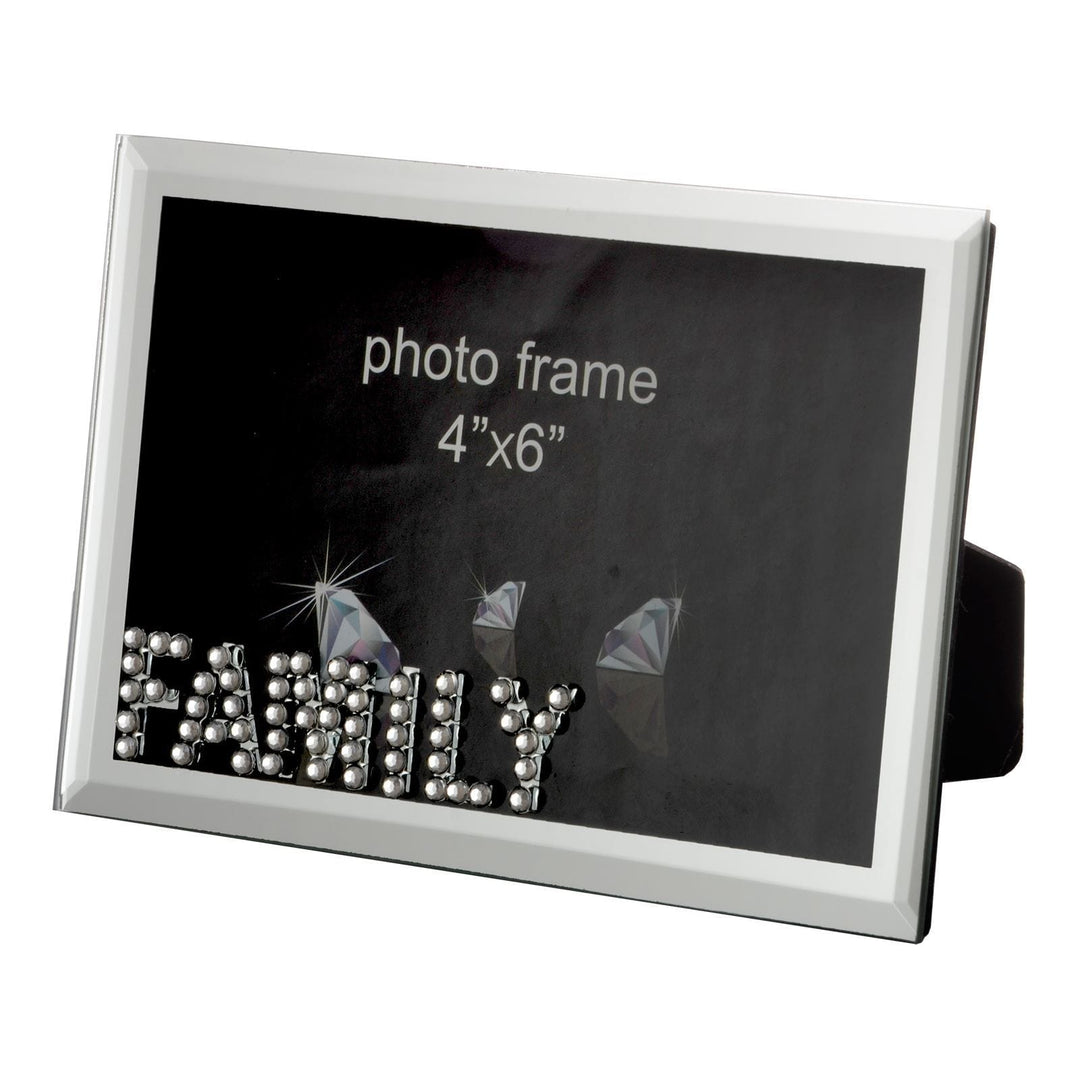 4x6" Mirrored Glass Photo Frame With Silver Diamantes FAMILY