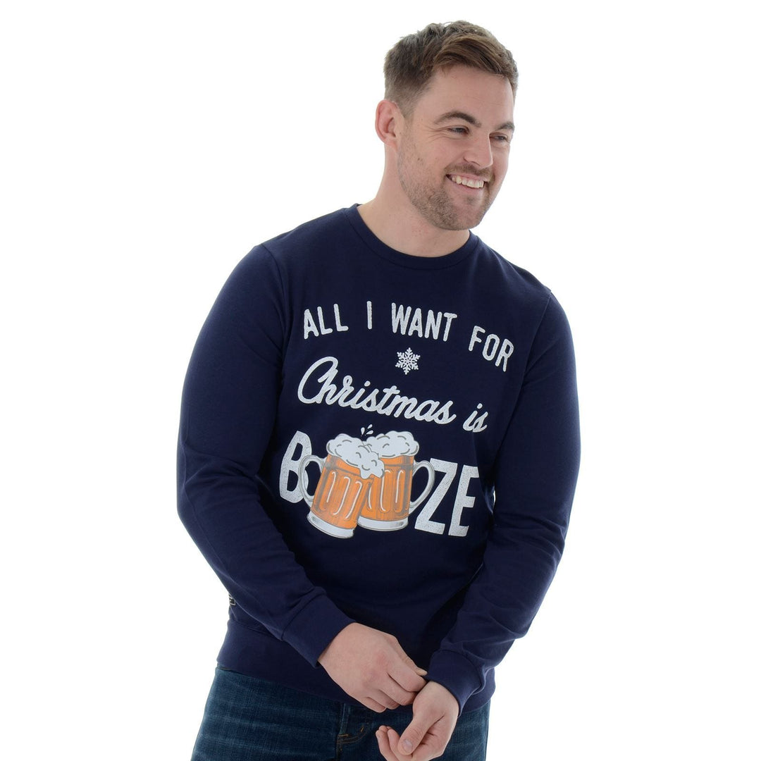 Mens Novelty Christmas Jumper Sweatshirt All I Want Is Booze Navy / S