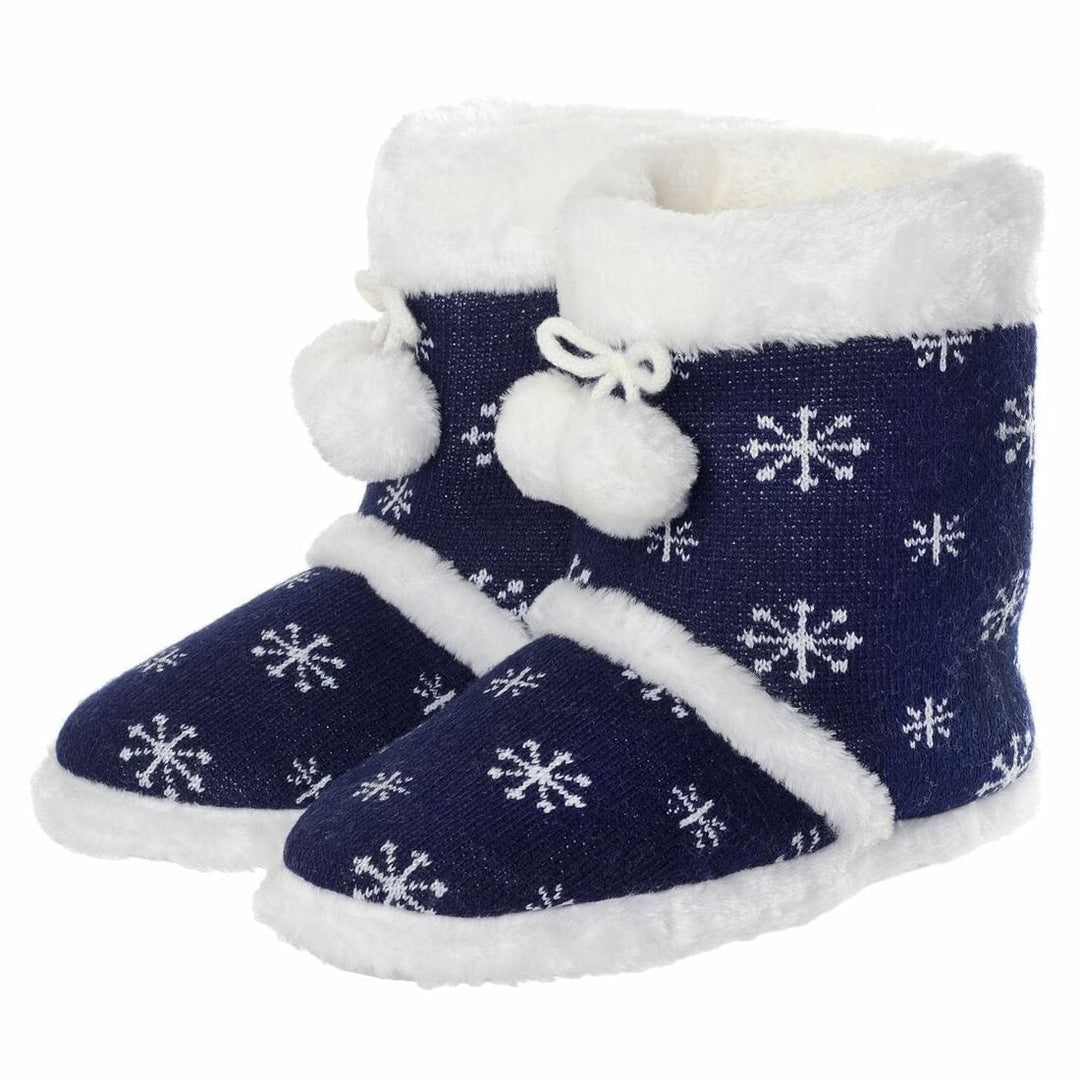 Womens Slipper Boots Soft Fleece Snowflakes Pom Poms Navy / 3