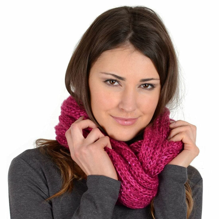 Womens Winter Snood Soft Knit Sparkly Sequins Wrap Scarf Cerise