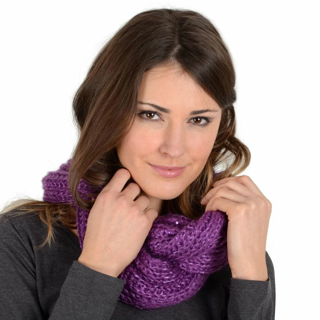 Womens Winter Snood Soft Knit Sparkly Sequins Wrap Scarf Purple